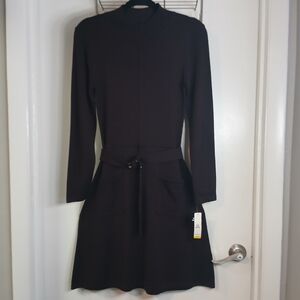 New! Robbie Bee Black Mock Neck Fit & Flare Long Sleeve Skater Dress M w/ Belt